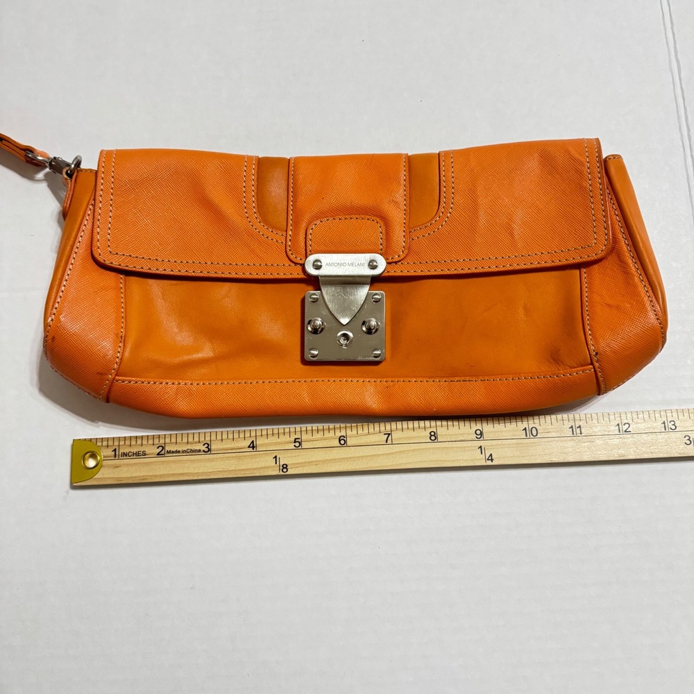 Y2K Antonio Melani Orange Leather Wristlet Clutch Bag Push Lock Silver Hardware